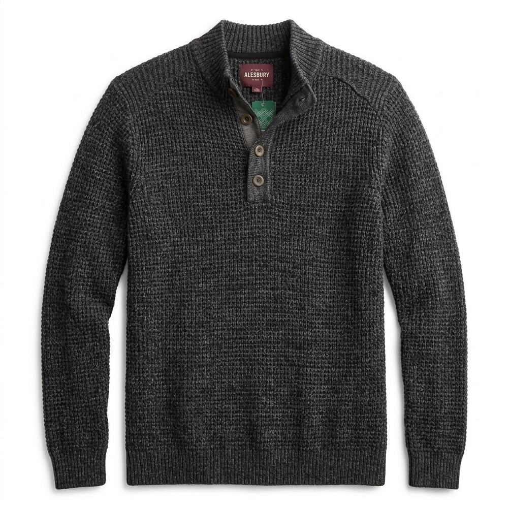 NWT Alesbury Acadia Waffle Henley Black Marled Waffle Sweater Men Size L